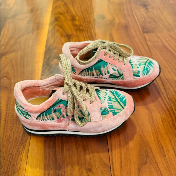 NWOT Charlotte Olympia Velvet Work It! Flamingo Sneakers in Pink and Green - Picture 3 of 6